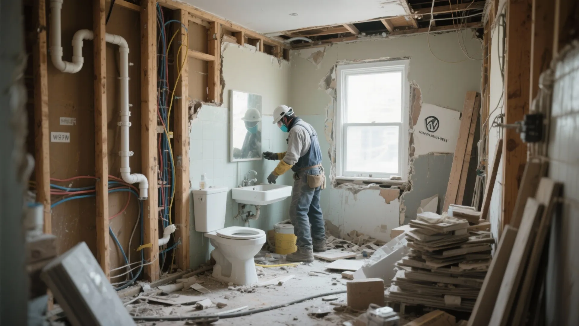 Worker in hard hat remodeling bathroom with exposed wall studs sink toilet and floor tiles