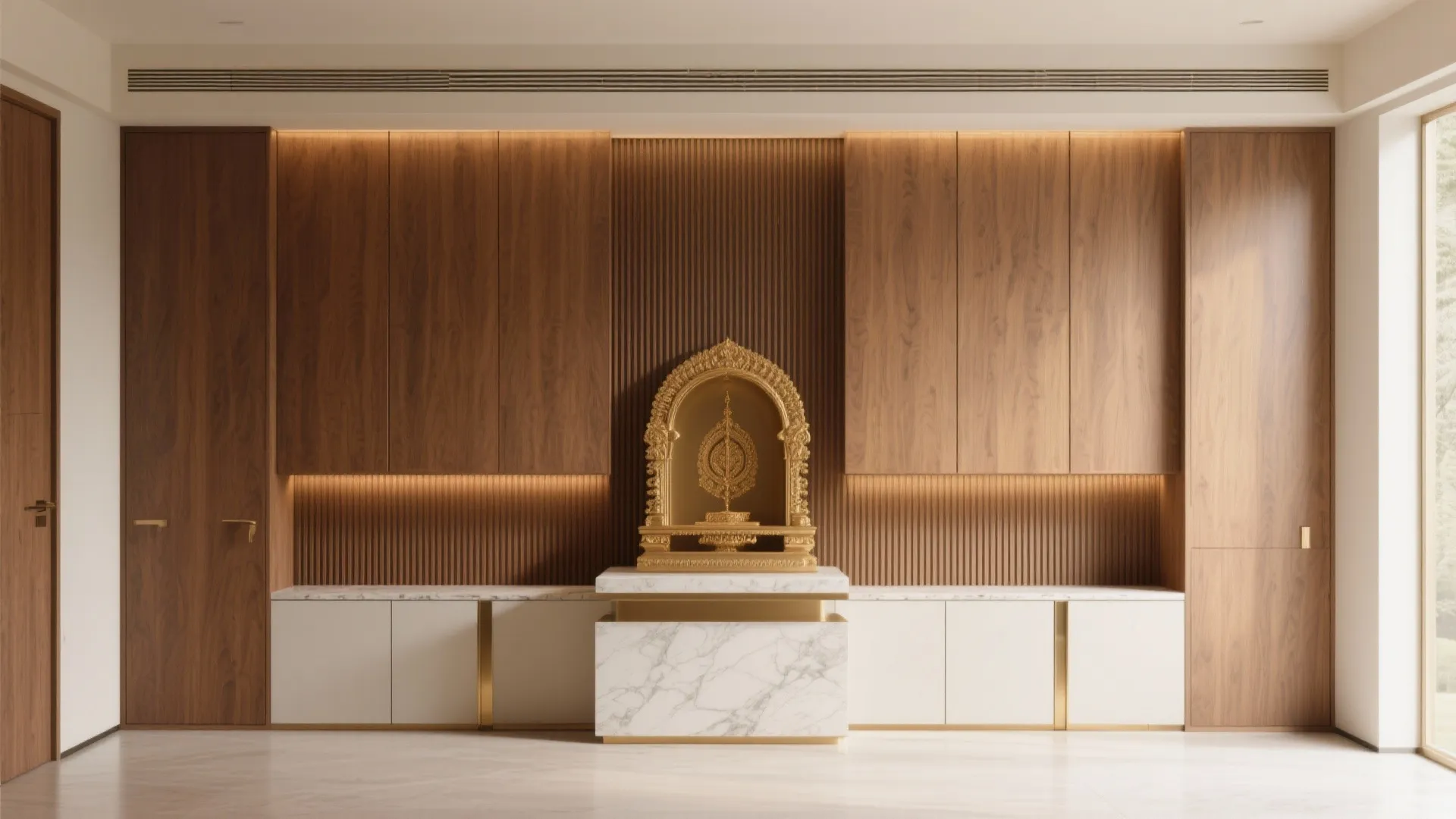 Living room with large wooden wall cabinets marble counter and a decorative gold shrine feature