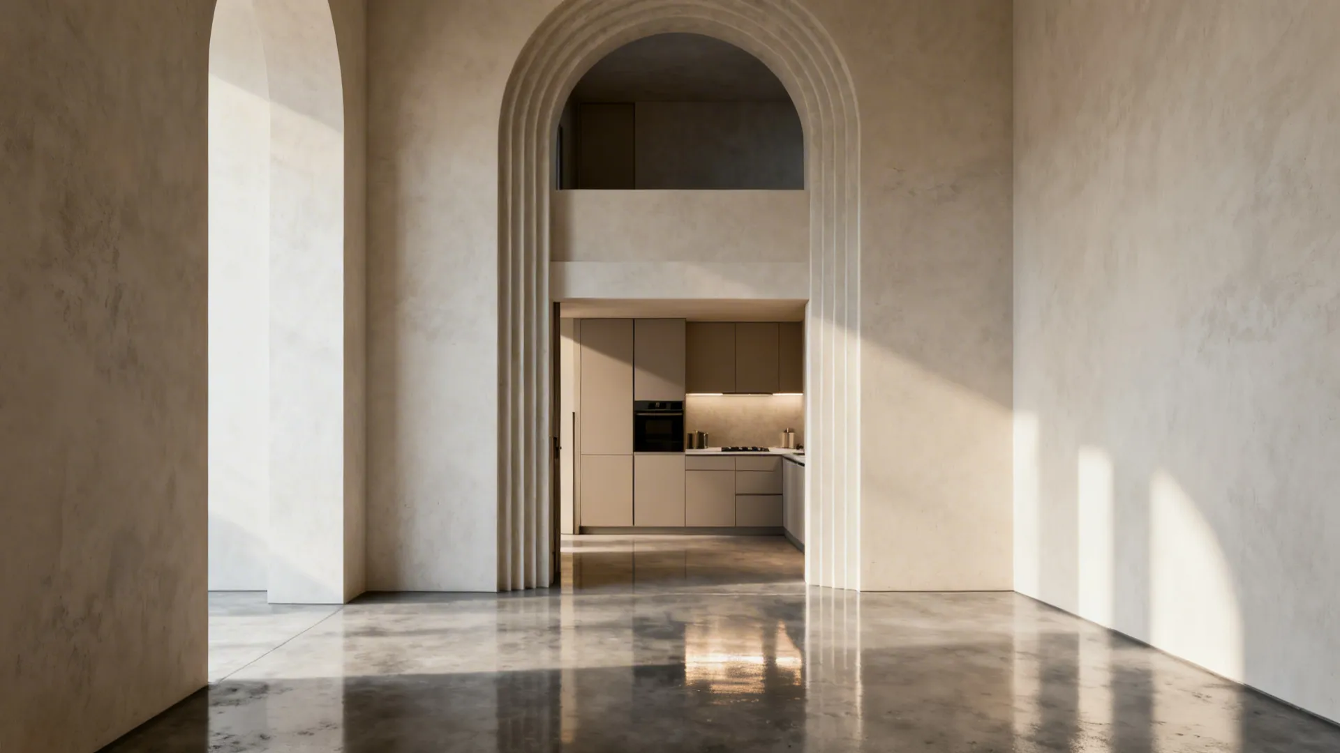 Full-height arch doorway with continuous polished concrete floor linking entry and kitchen.