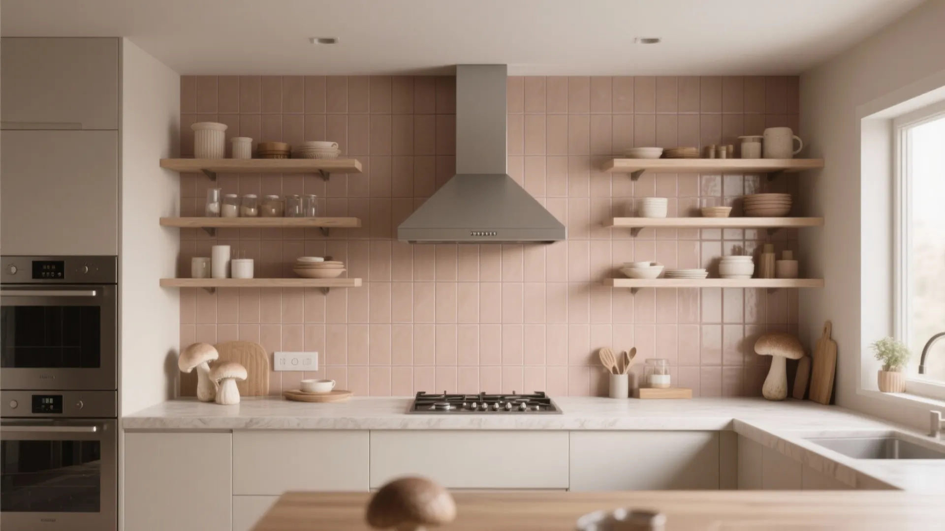 Kitchen with full-height mushroom-toned tile backsplash extending to the ceiling behind open shelves.