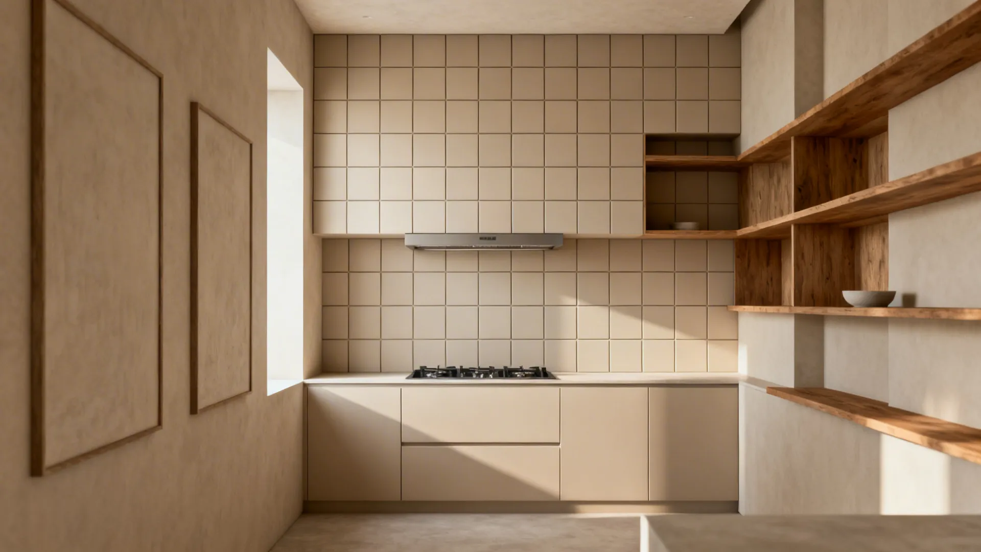 Compact kitchen with ceiling-high matte square tile backsplash in a single hue around open shelves.