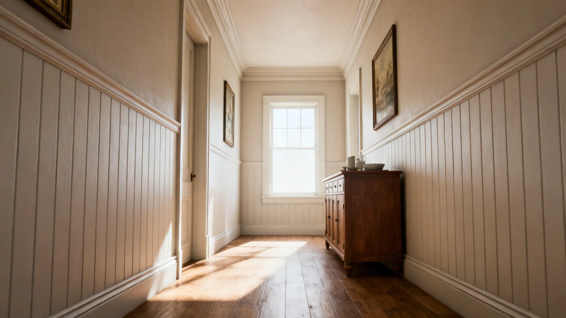 Narrow dining room with full-height board and batten walls painted in a soft neutral and a simple buffet.
