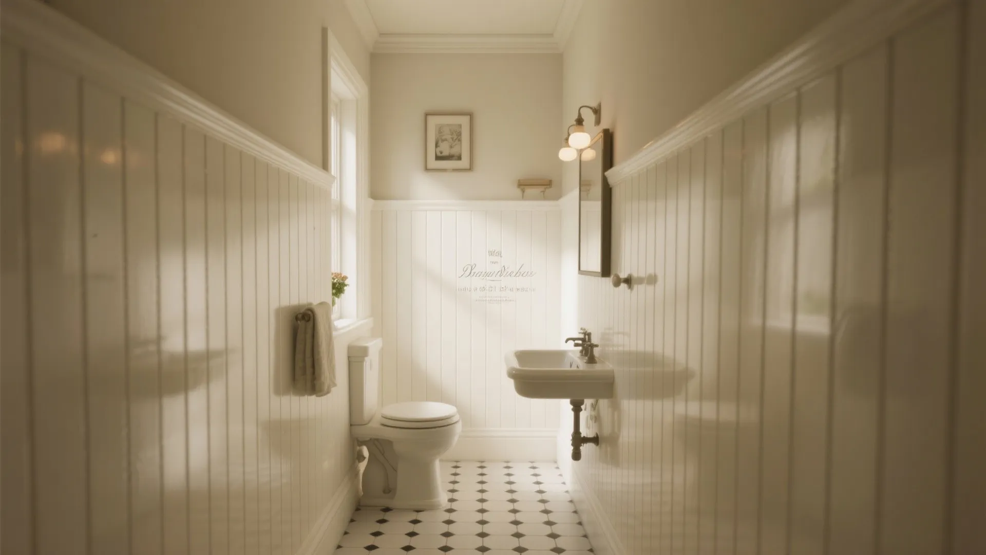 Classic narrow bathroom with white wall panel toilet sink wall light and tiled black floor