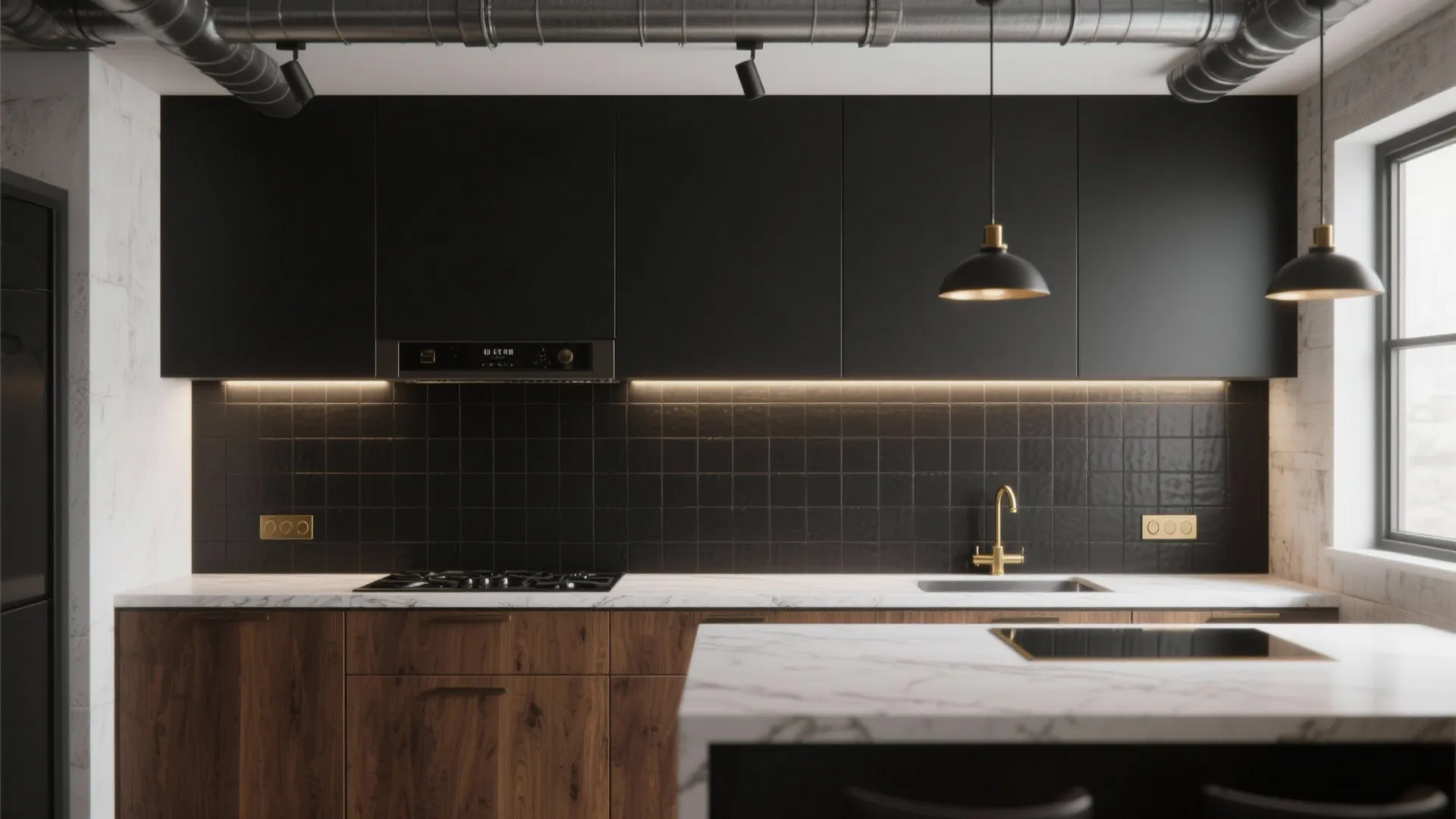Modern kitchen with black cabinets wood lower units marble countertop and industrial style ceiling light