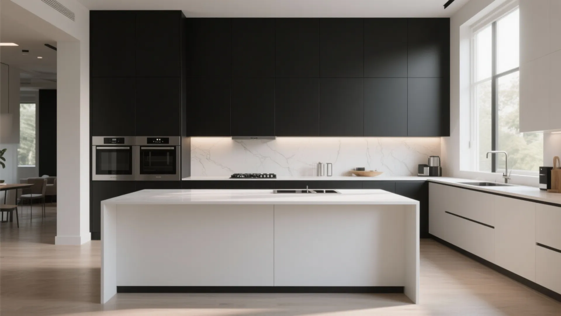 4. Modern Edge: Full-Height Black Backsplash Behind White Islands