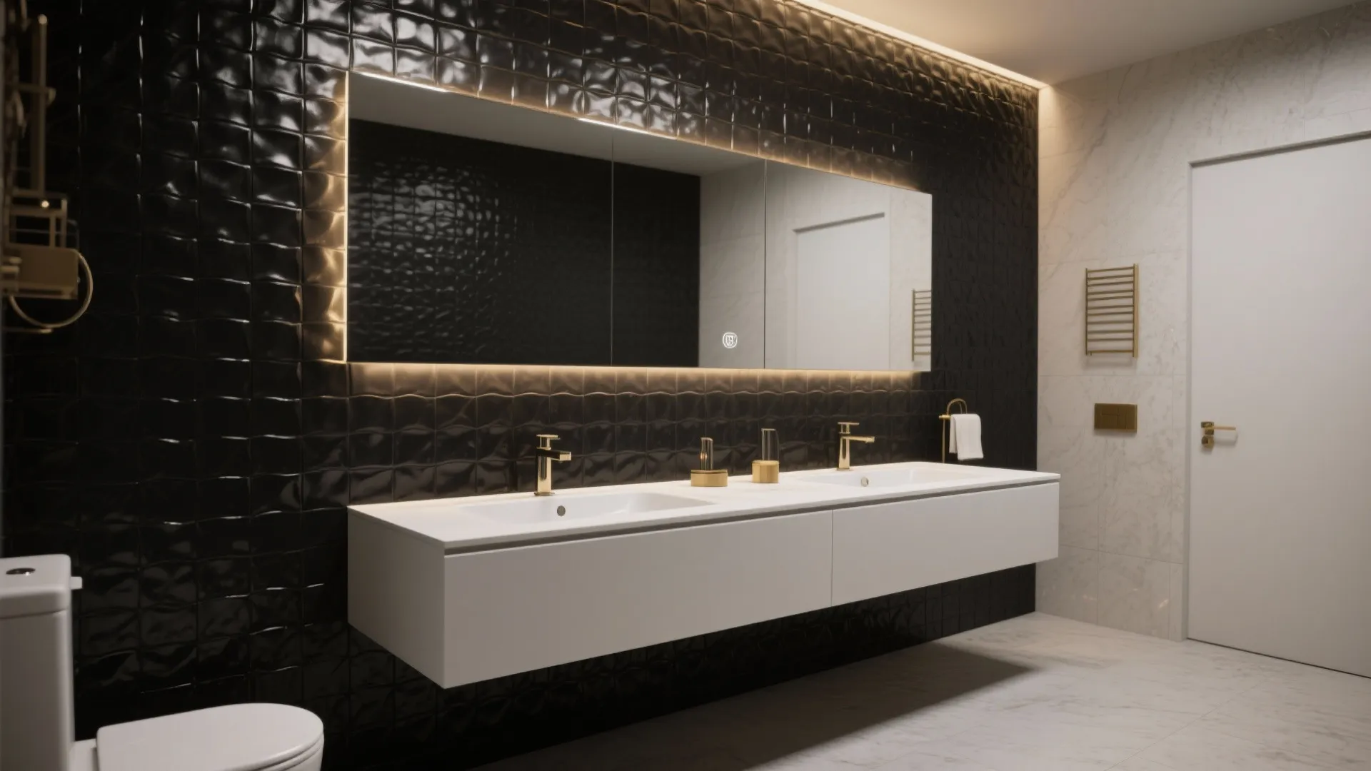 Bathroom with a full-height textured black tile accent wall behind a floating vanity and backlit mirror.