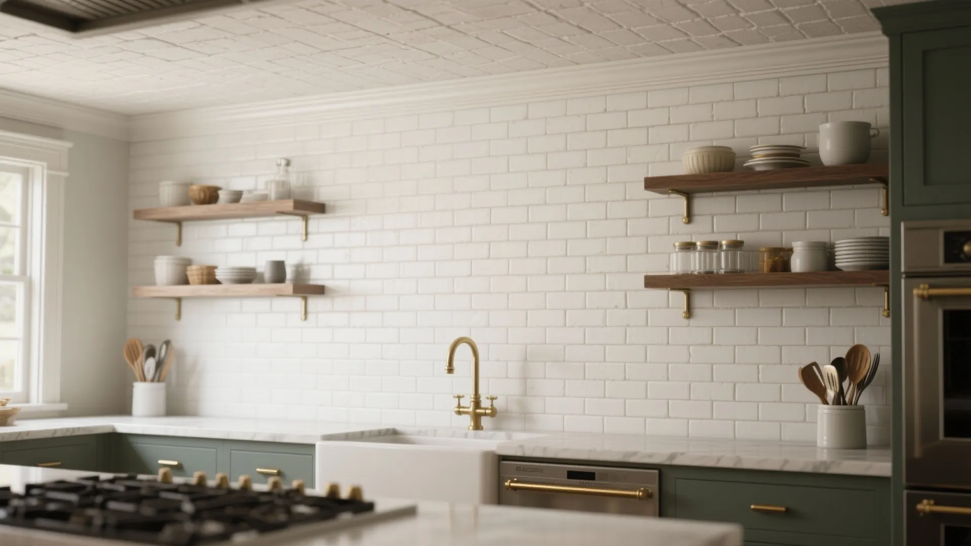Modern kitchen with white brick wall wooden shelves green cabinets white sink and gold water tap