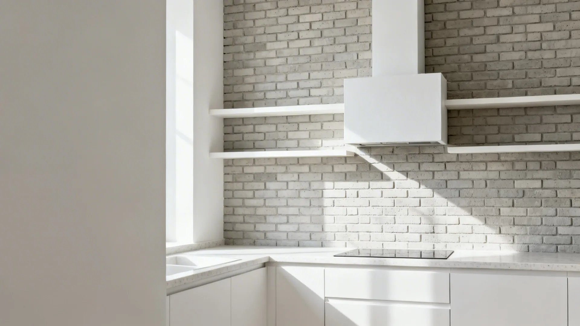Full-height brick backsplash behind a range and shelves in a white kitchen.
