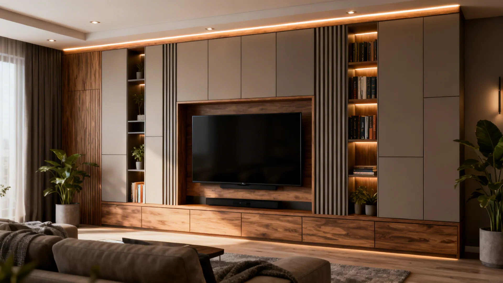 Full-height built-in TV unit with vertical storage, recessed lighting and contrasting panel.