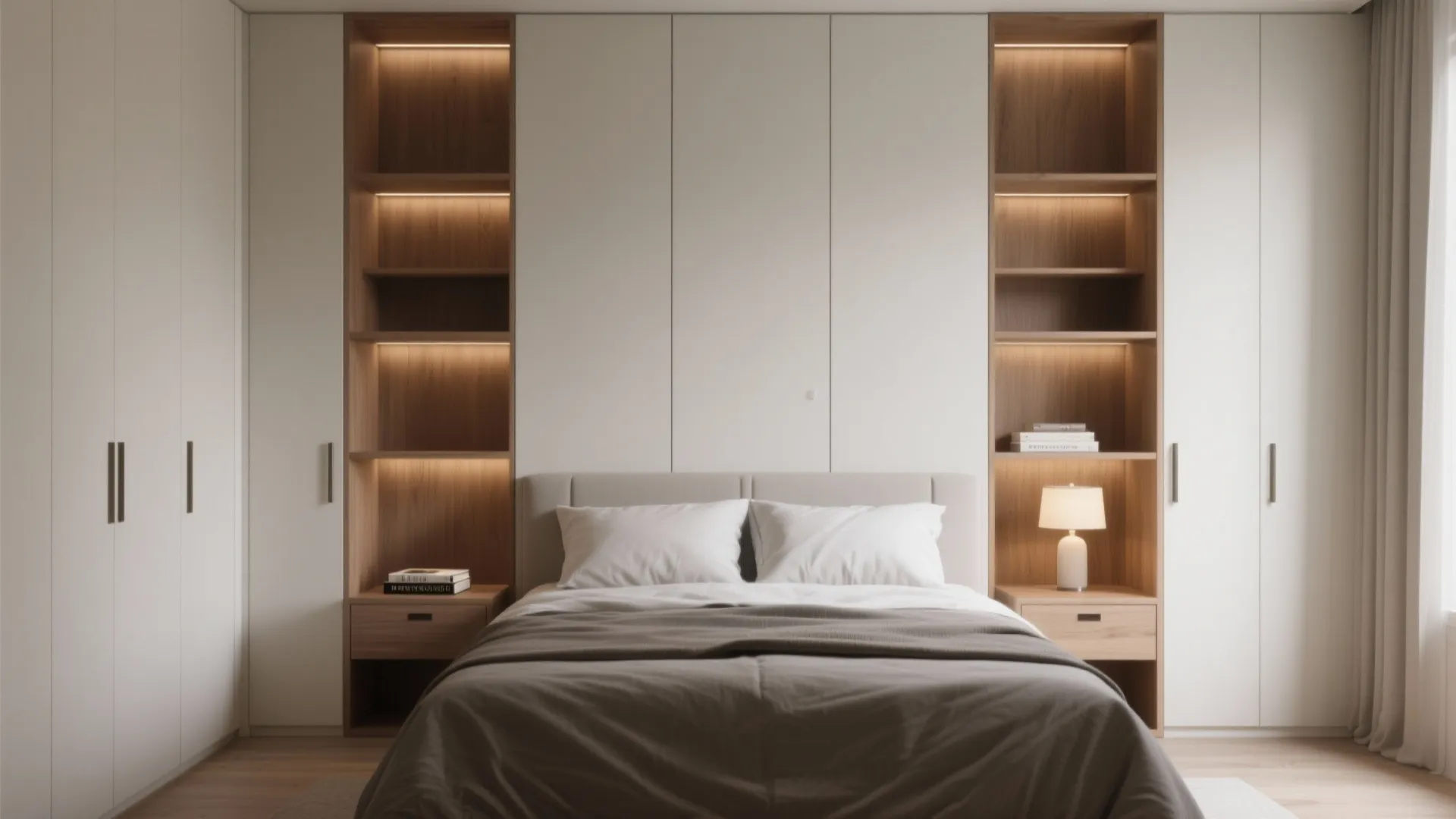 Modern bedroom with built-in wall cabinets and wooden shelves featuring integrated warm light fixture strips