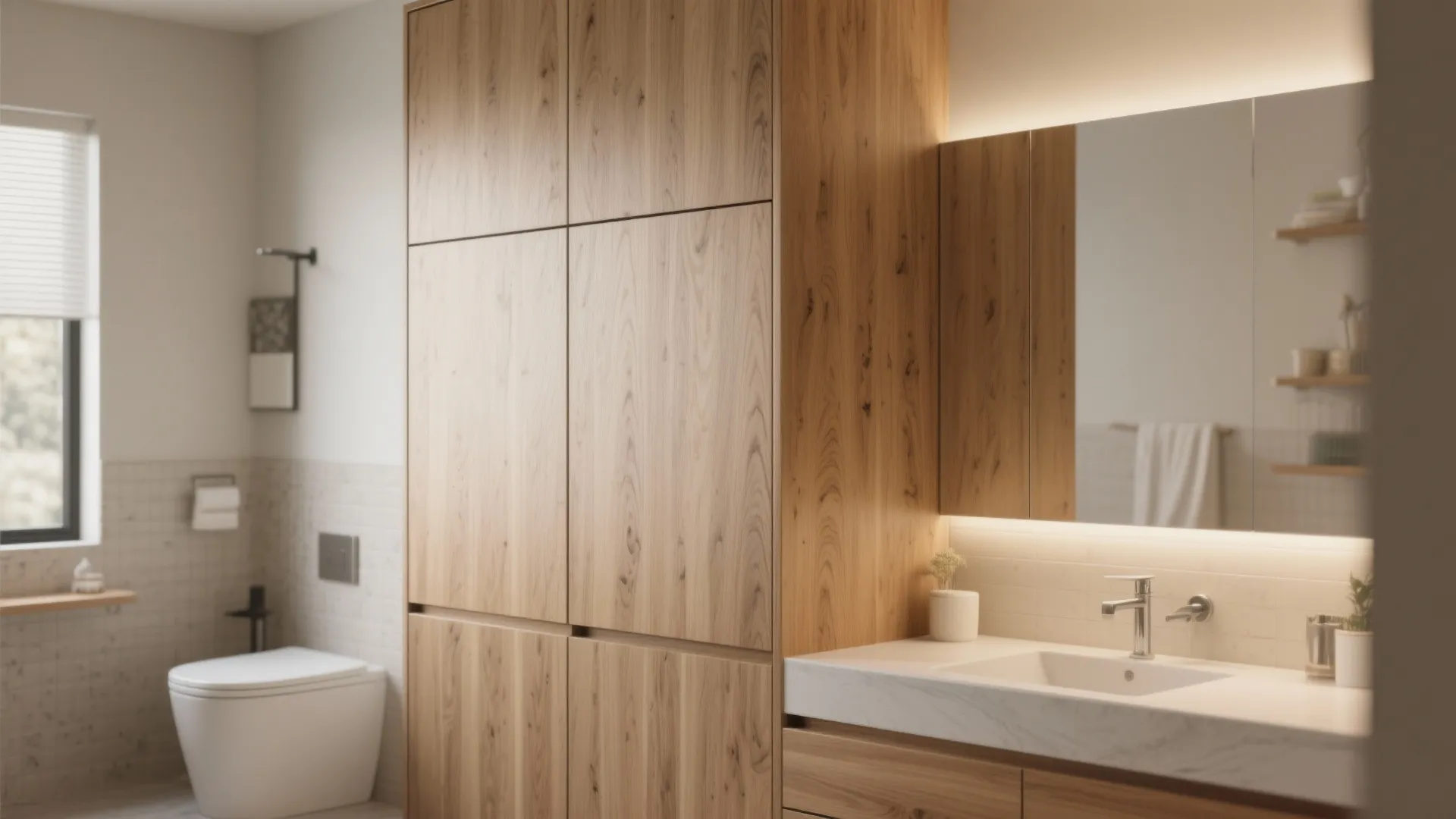 Modern bathroom with tall wooden cabinet, white sink, backlit mirror, and a white toilet seat