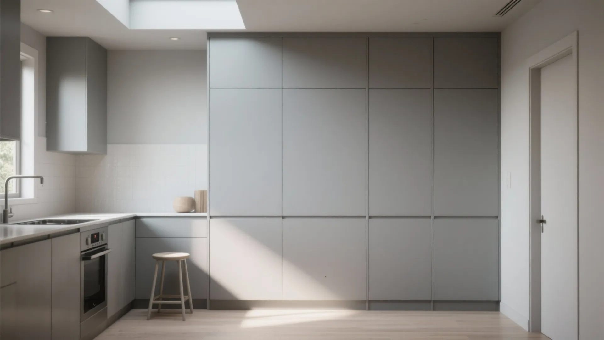 Minimalist grey kitchen with full height cabinets wooden floor small stool and light from ceiling window
