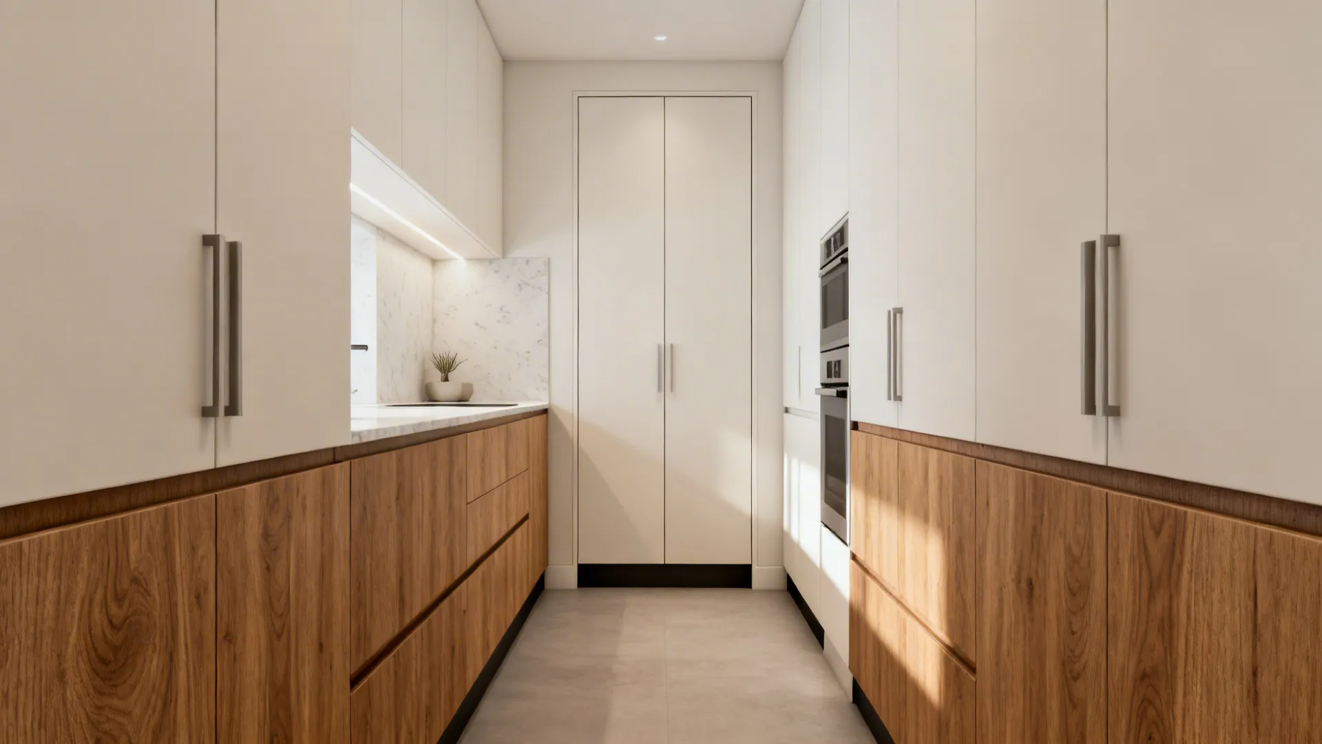 Minimalist full-height kitchen cabinets in a 10x10 galley with integrated pulls and tall pantry