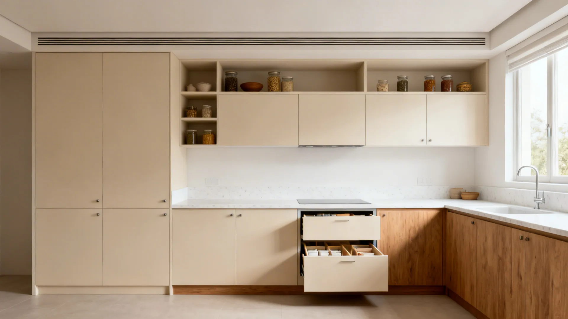 Floor-to-ceiling minimalist cabinets with open niches and a slim pelmet in a small kitchen.