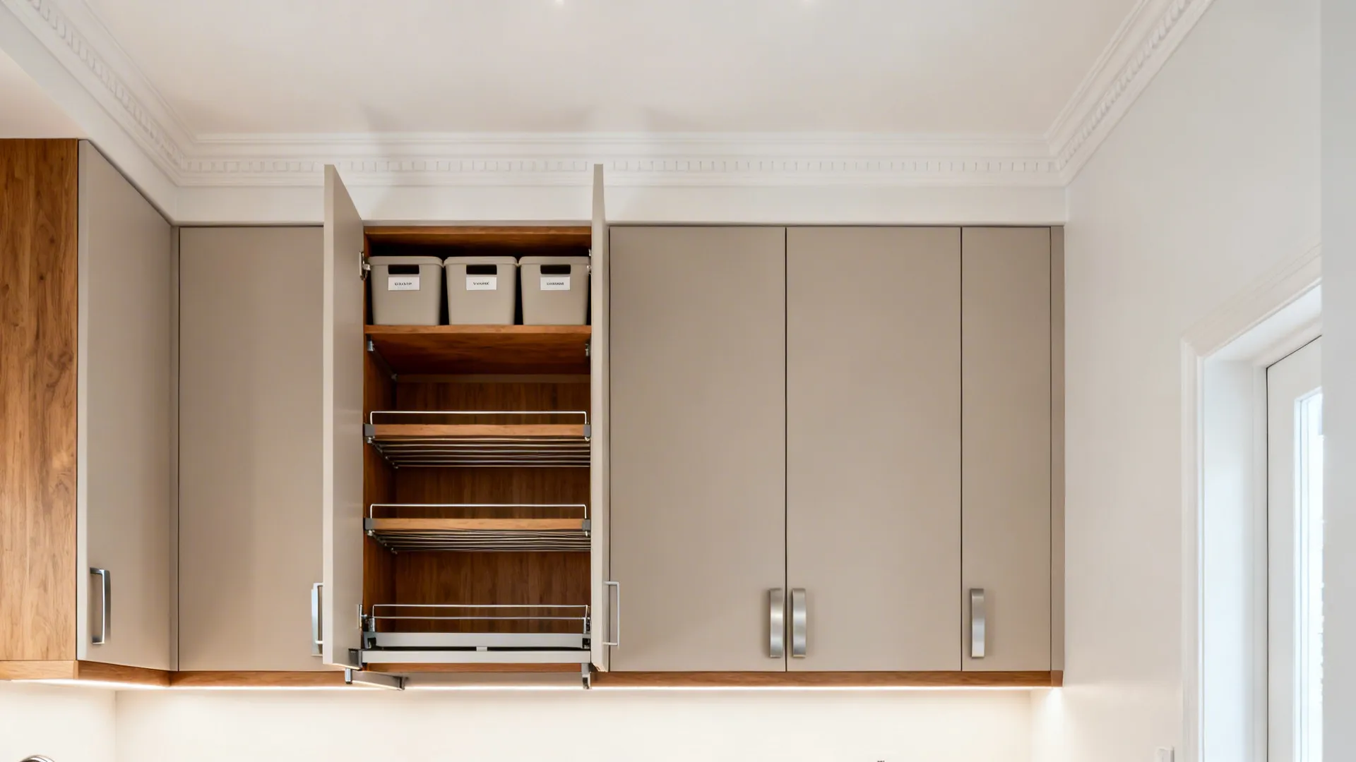 Full-height modern wall cabinets with a second upper tier and pull-down racks maximizing vertical storage.