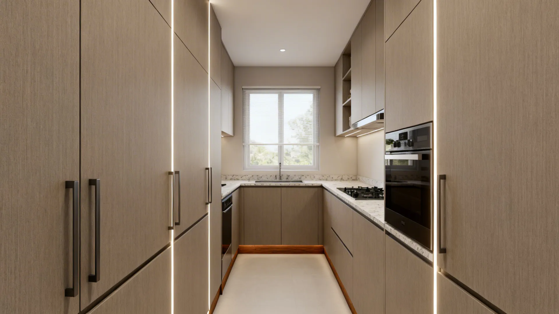 Full-height handleless cabinets in a narrow HDB kitchen with warm greige finishes and LED lighting.