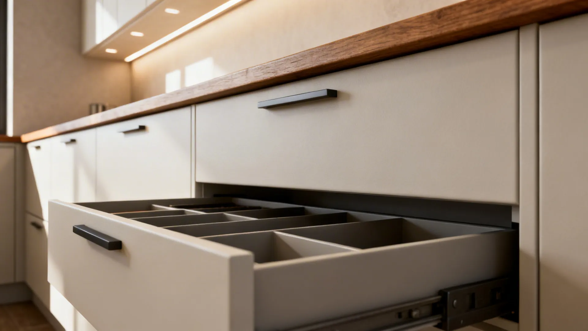 Full-height thin-profile kitchen cabinets to the ceiling with organized lower drawers