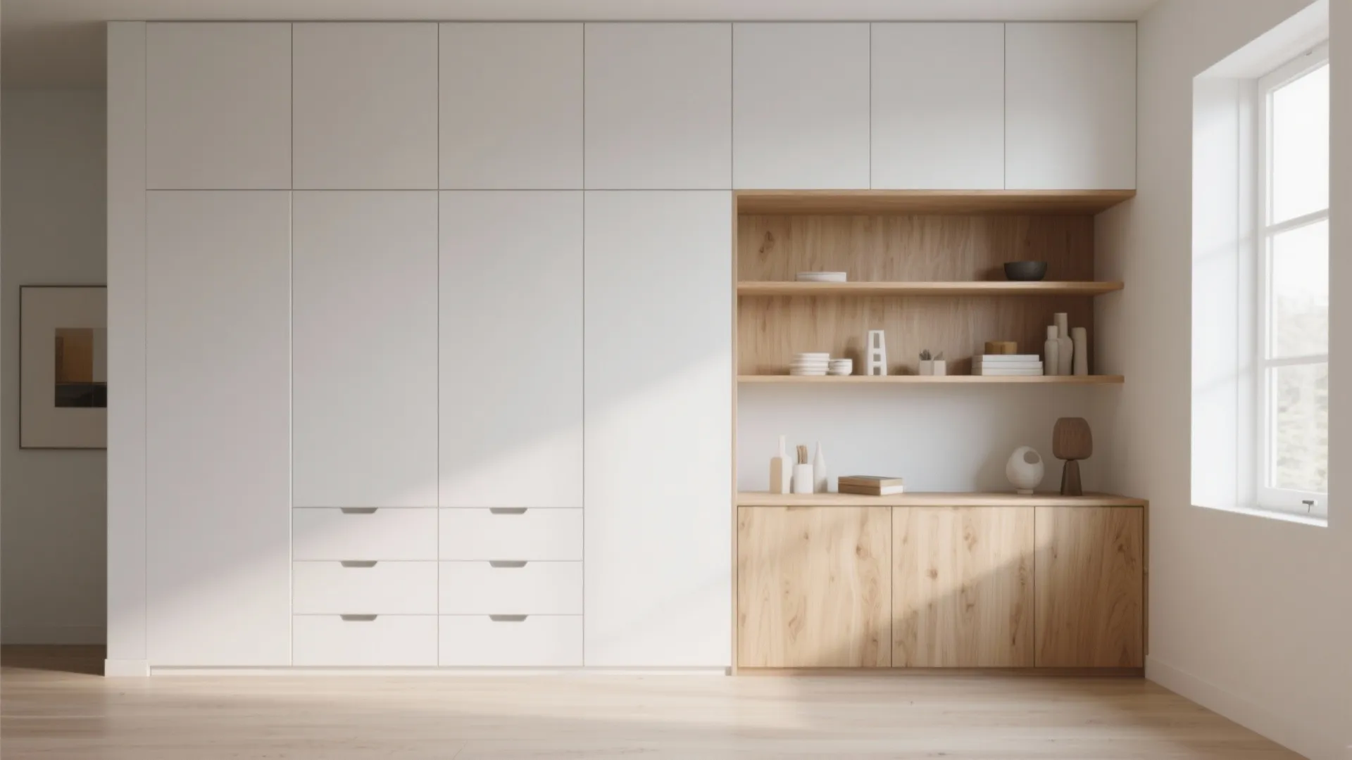 1. Full-height white cabinets + oak open shelving