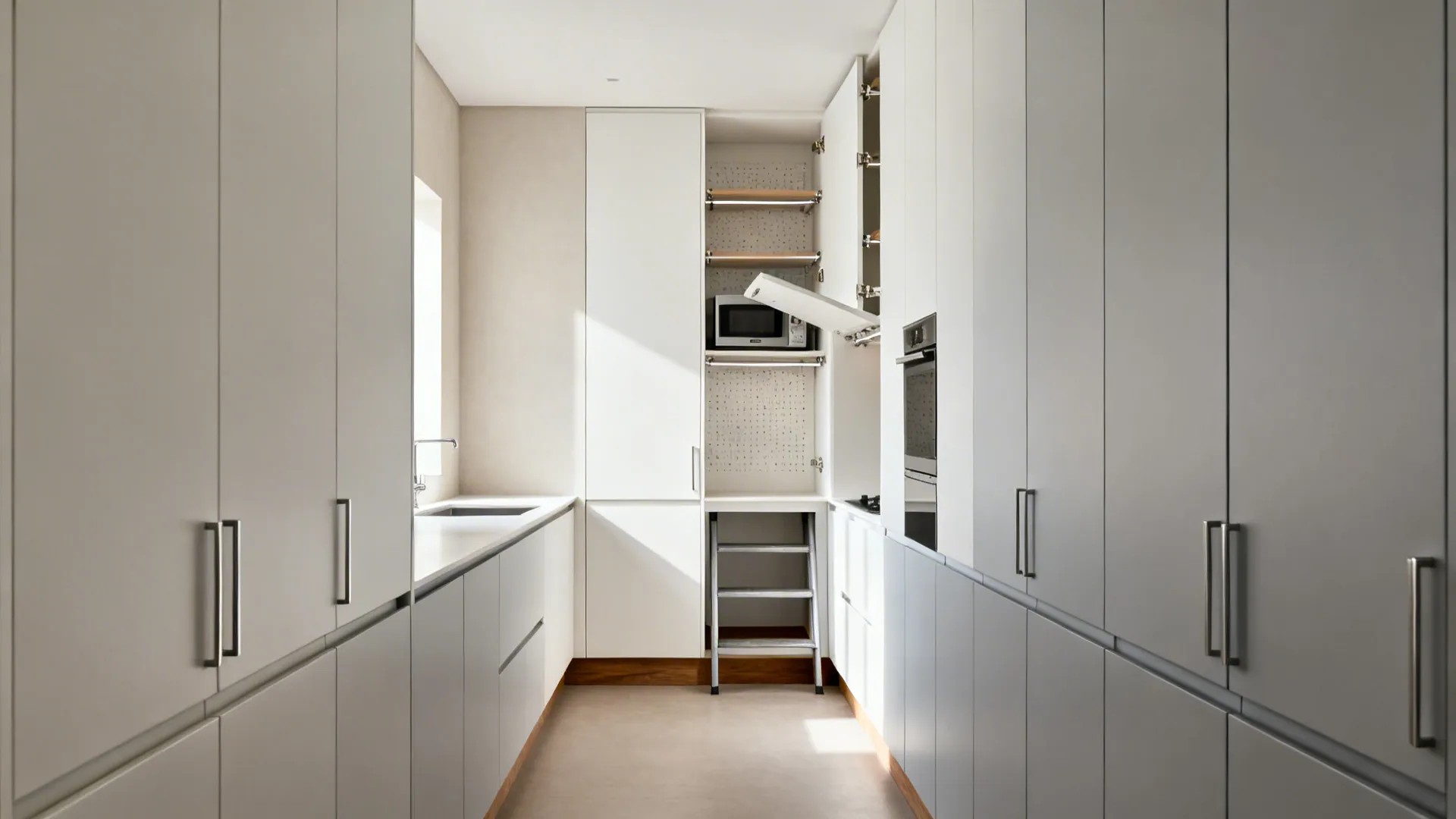 Floor-to-ceiling minimalist cabinets in a 5 x 8 galley kitchen with hidden appliance storage.