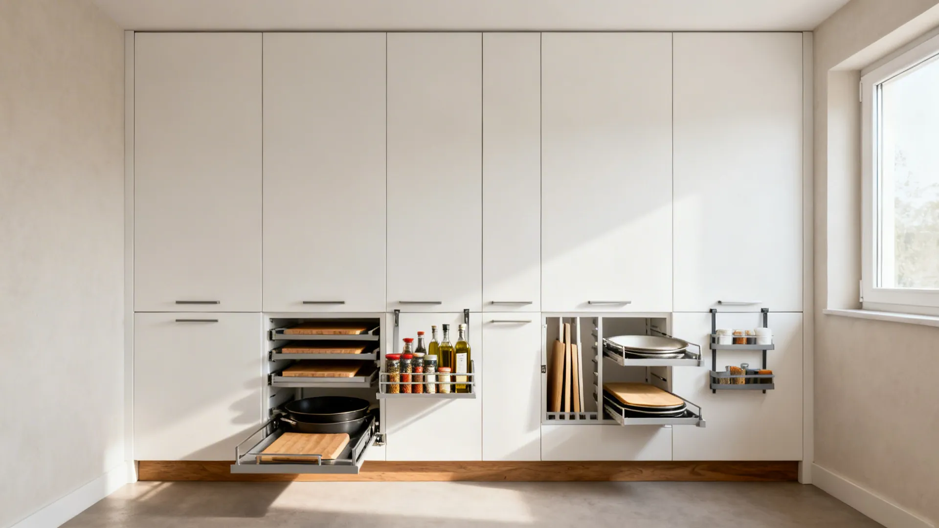 Ceiling-height minimalist cupboards with slim pull-outs and vertical dividers in a compact kitchen.