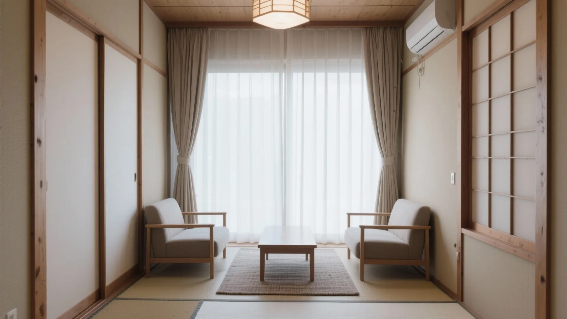 カーテンは床すれすれ、ラグは小さめ：視線の“縦”を伸ばす