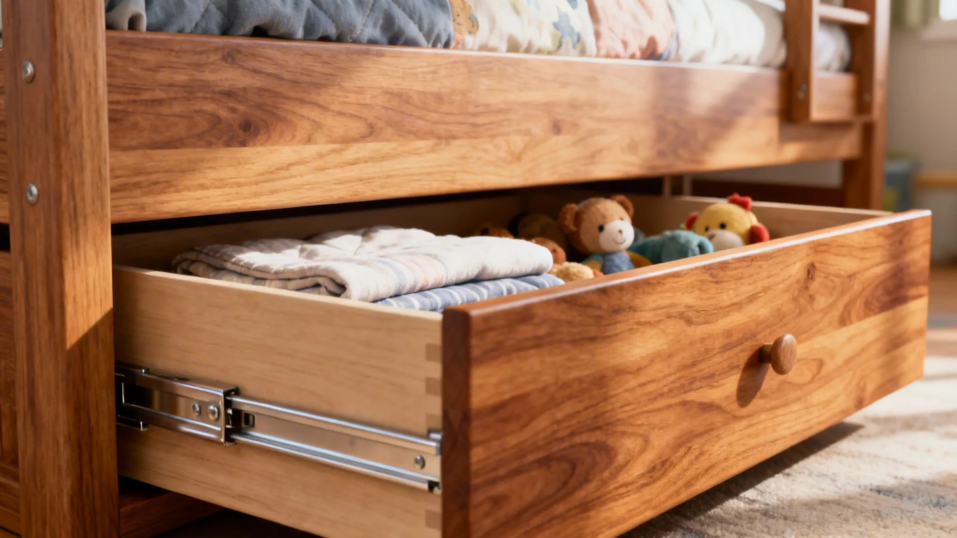 Close-up of full-height pull-out drawers under a bunk bed with folded bedding
