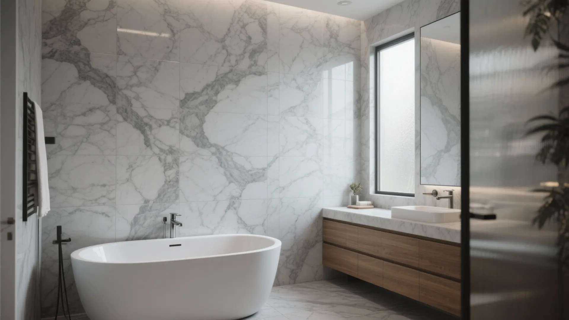 Modern bathroom with white marble walls floor white bathtub wooden cabinet and a white sink.
