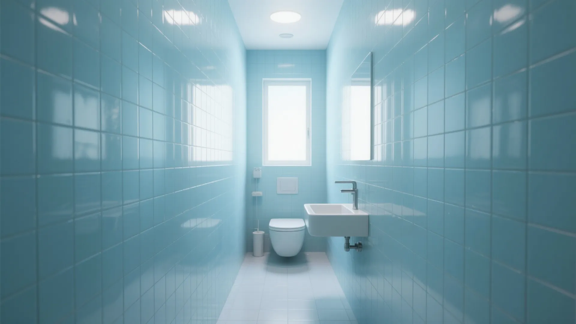 Narrow modern bathroom with full-height pale blue glass tile walls