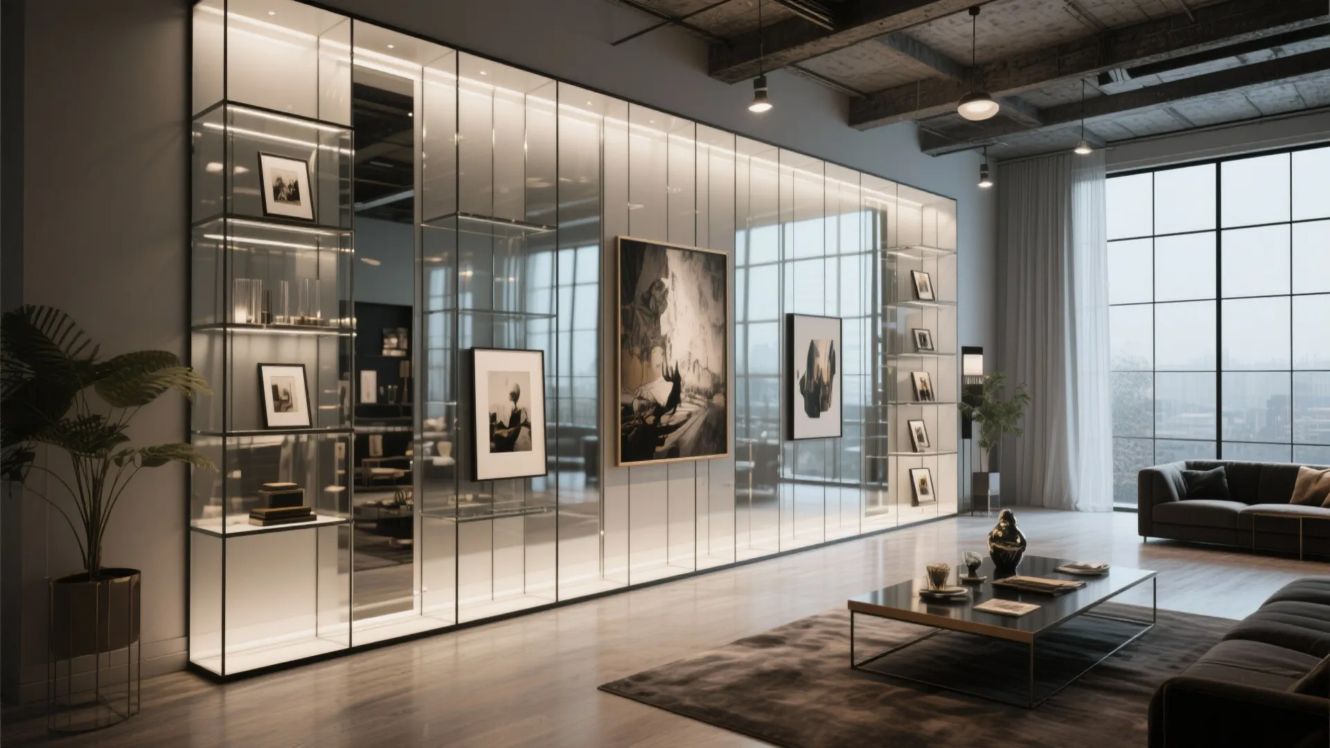 Large glass display wall in industrial living room with dark sofa coffee table and windows