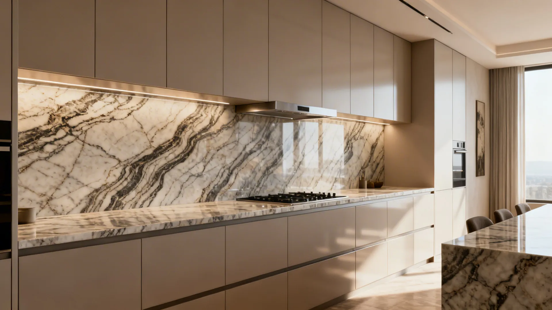 Luxurious kitchen with full-height granite backsplash and bookmatched veins