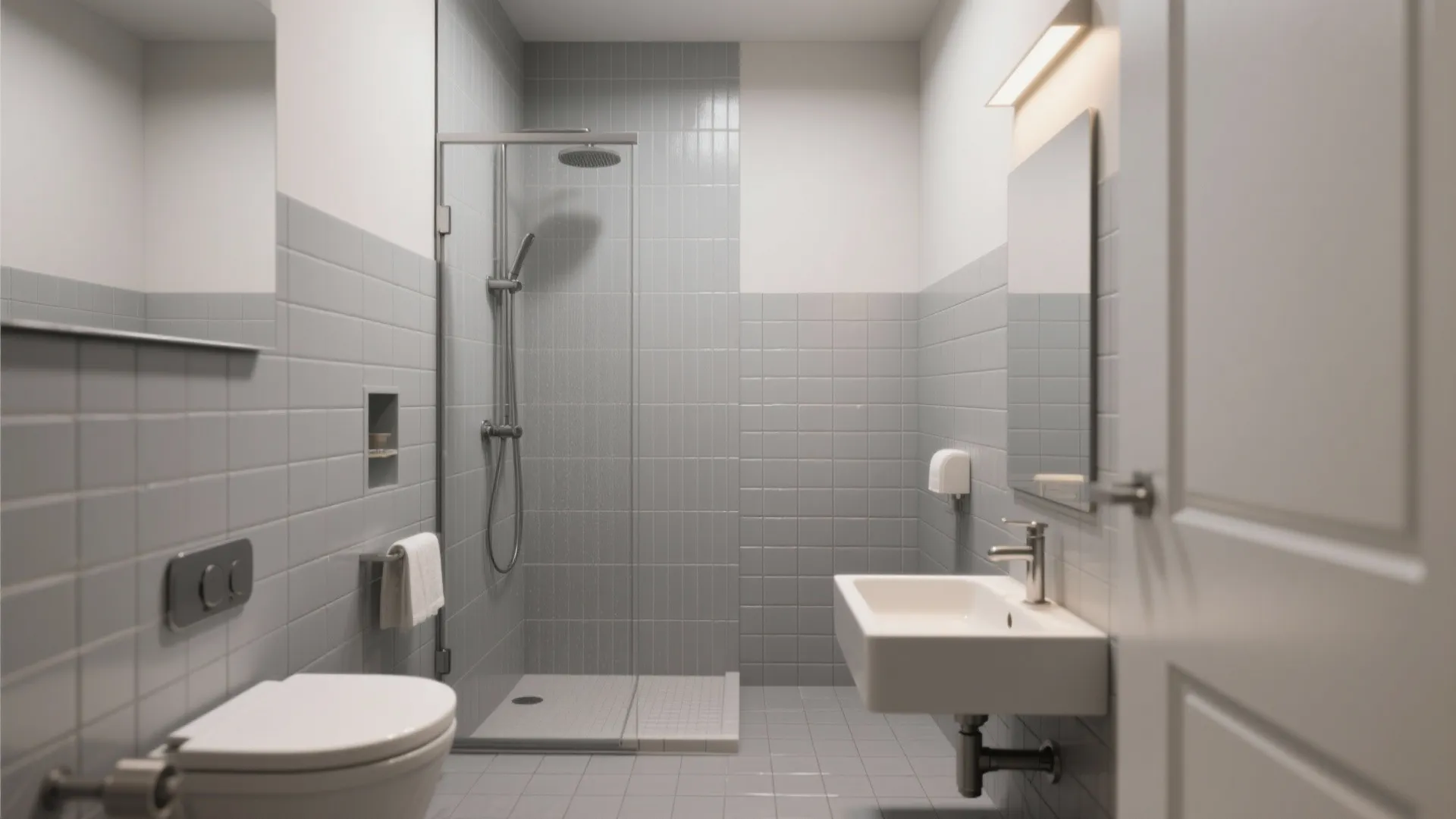 1. Full-height gray subway for a spa-like feel