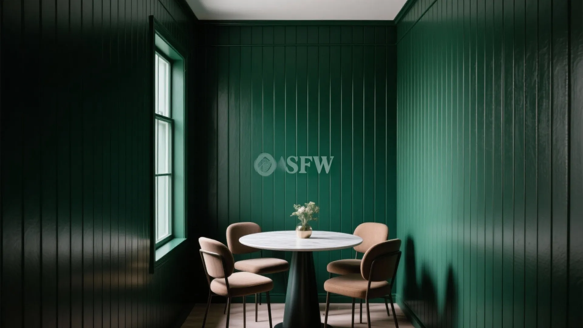 Modern dining area with dark green wall panel design round white table and four chairs