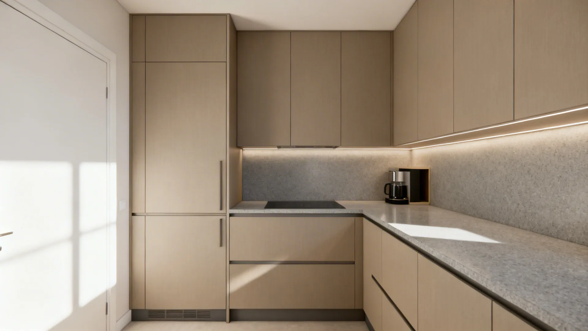 Warm greige, full-height slab kitchen cabinets with push-to-open fronts in a compact L-shaped layout.