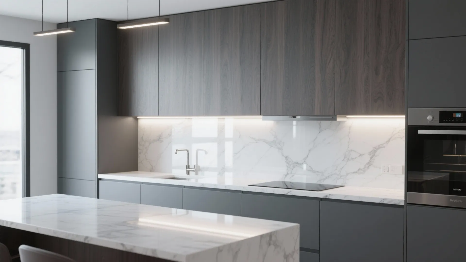 3. Full-height grey wood with high-contrast countertops