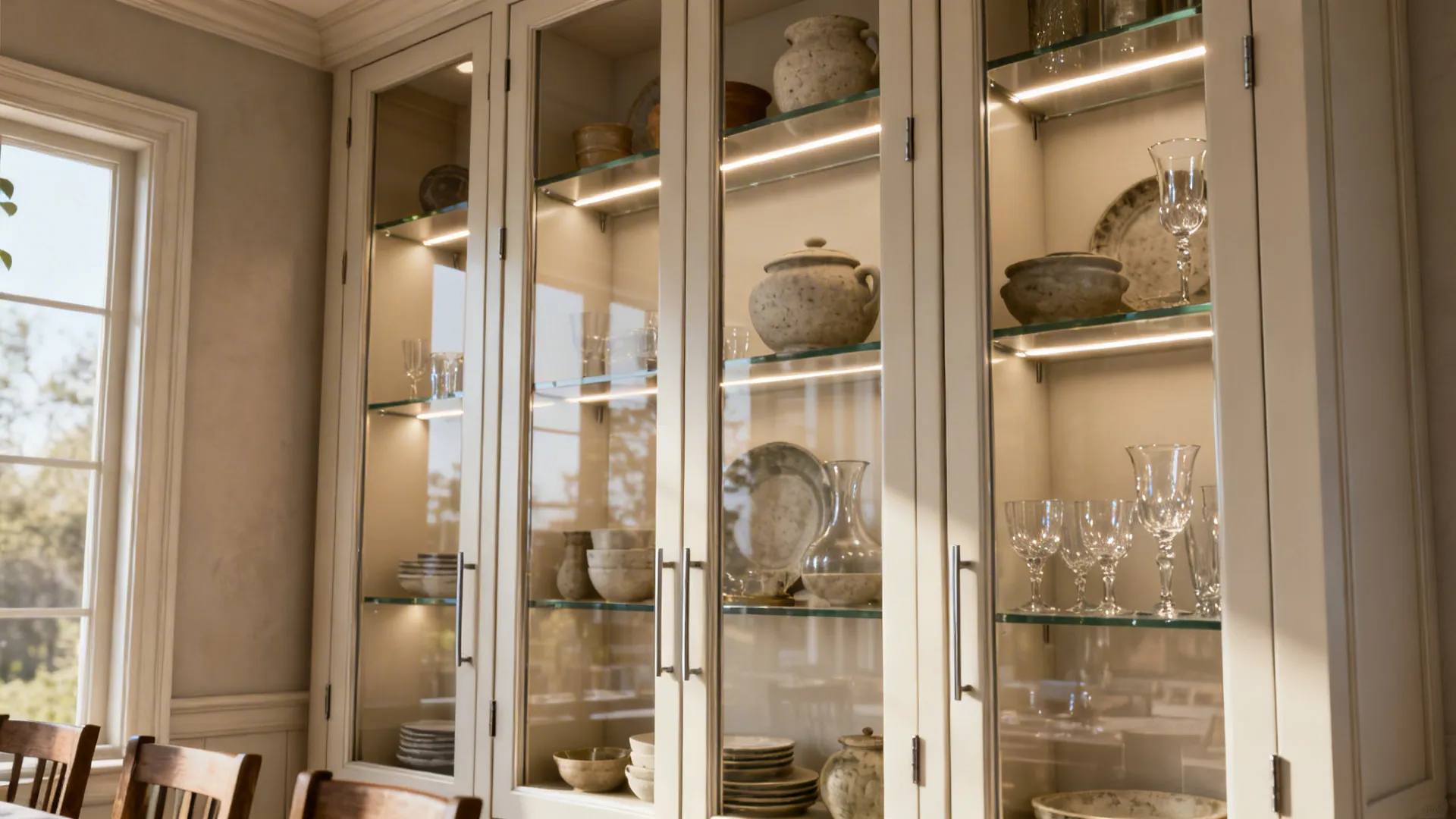 Full-height glass hutch with concealed LED lighting showcasing stoneware and glass.