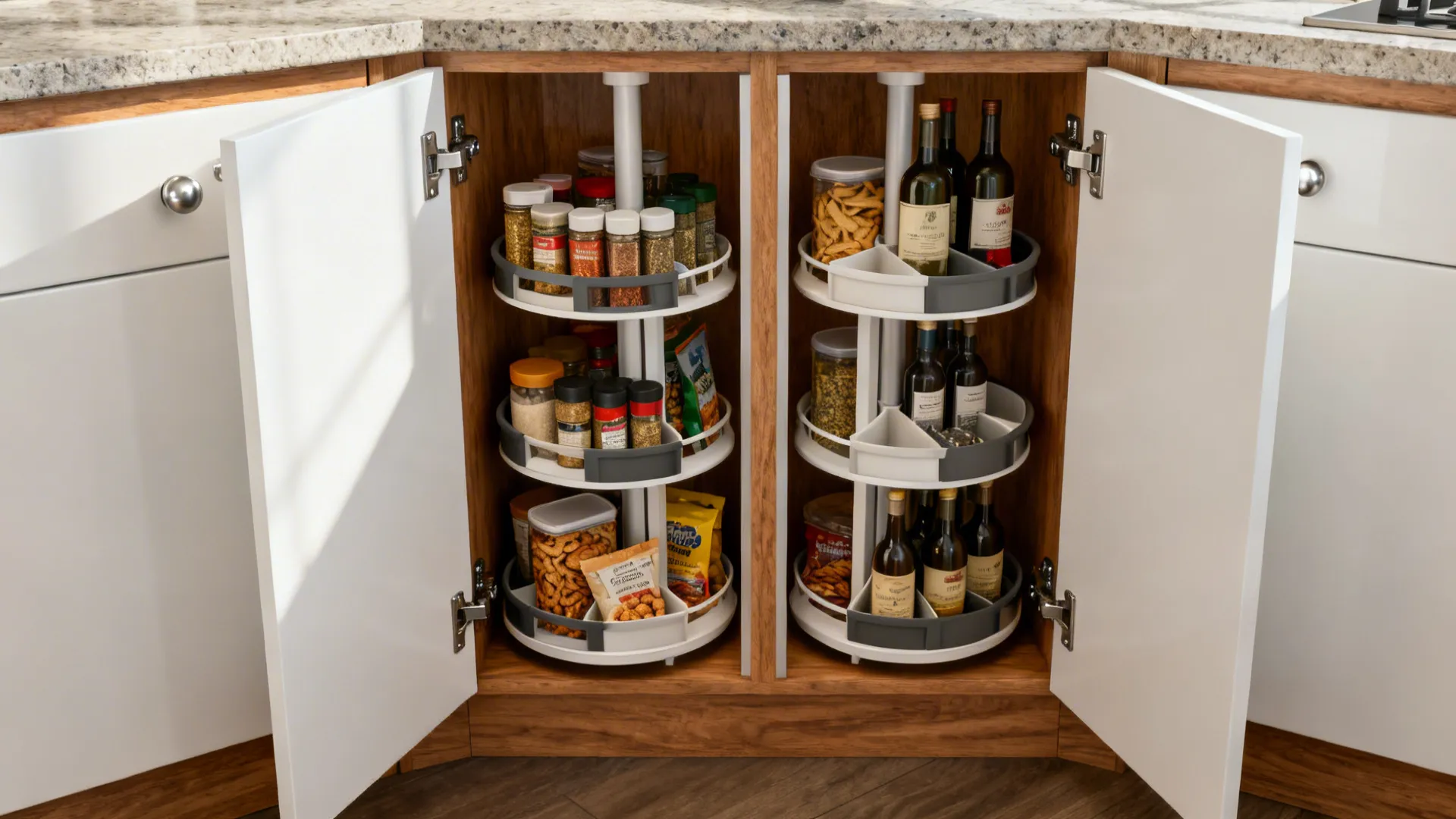 Open bifold corner cabinet showing adjustable full-height lazy Susan trays neatly organized.