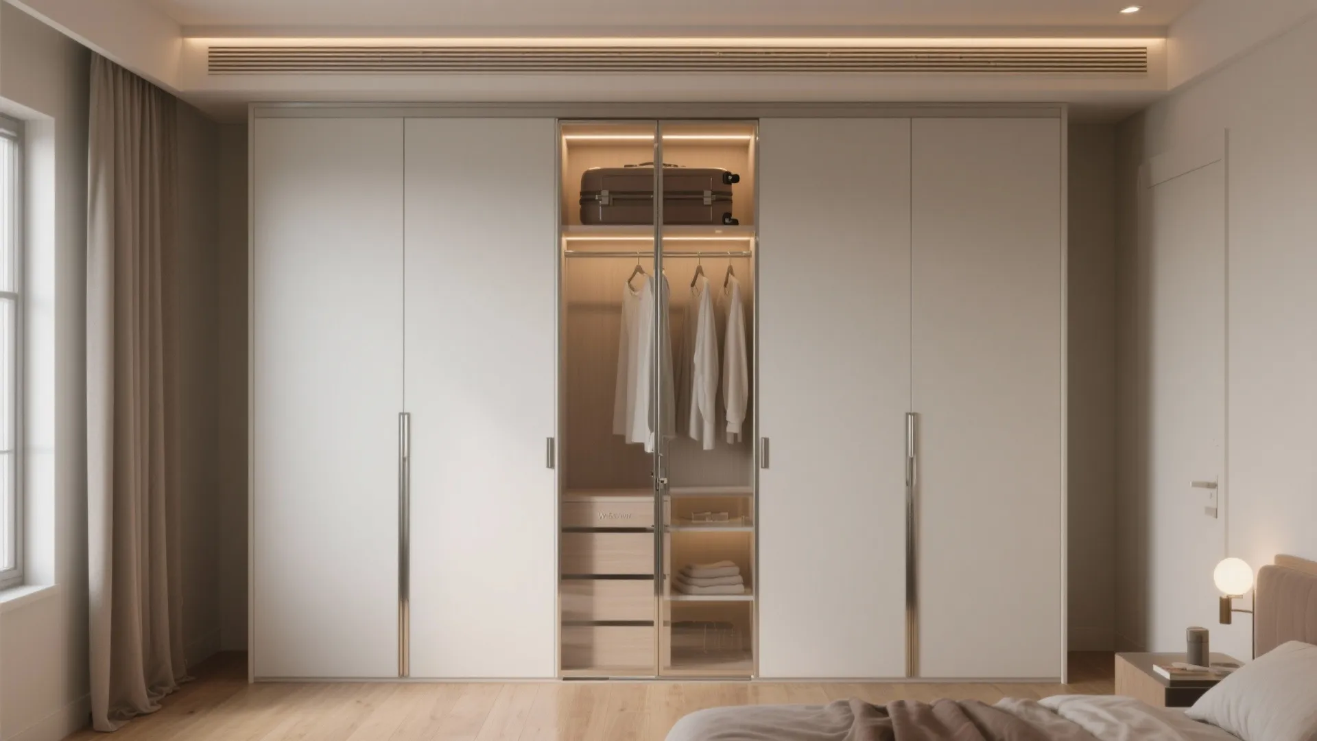 Large white bedroom wardrobe with central glass door showing lit interior with hanging clothes items