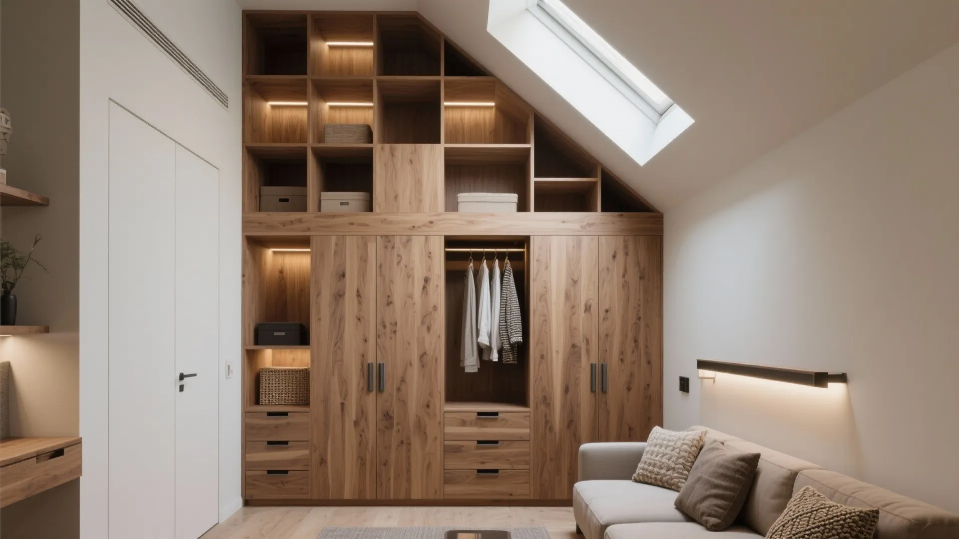 Custom wooden wall cabinet and storage system built under a slanted ceiling with roof window