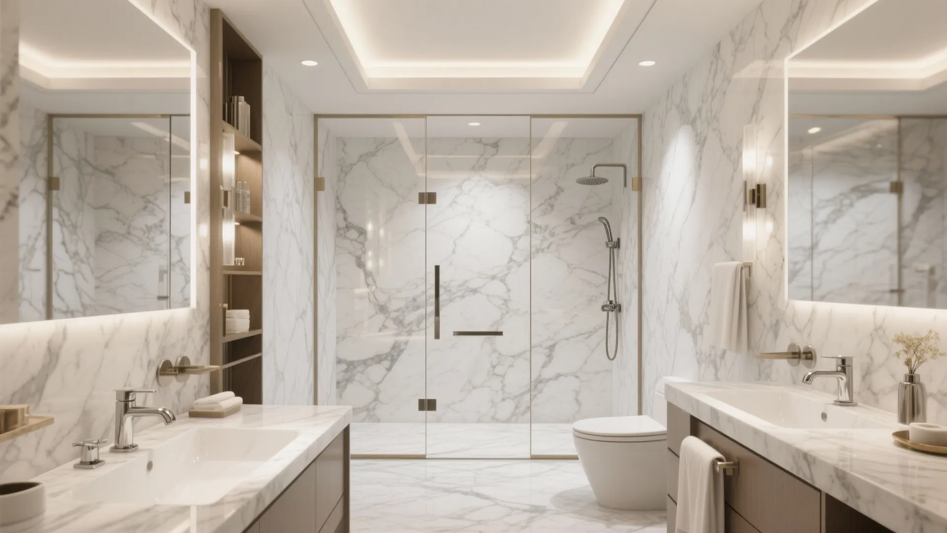 Modern bathroom with white marble walls glass shower door double sinks and warm ceiling light