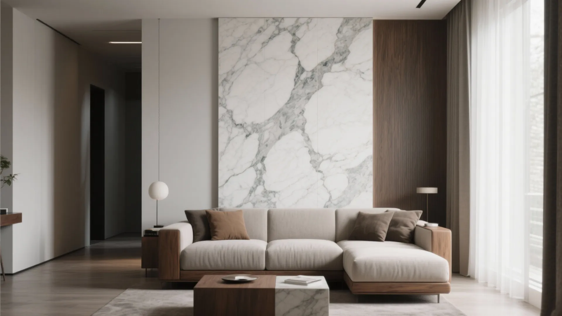 1. Full-height marble feature behind the sofa