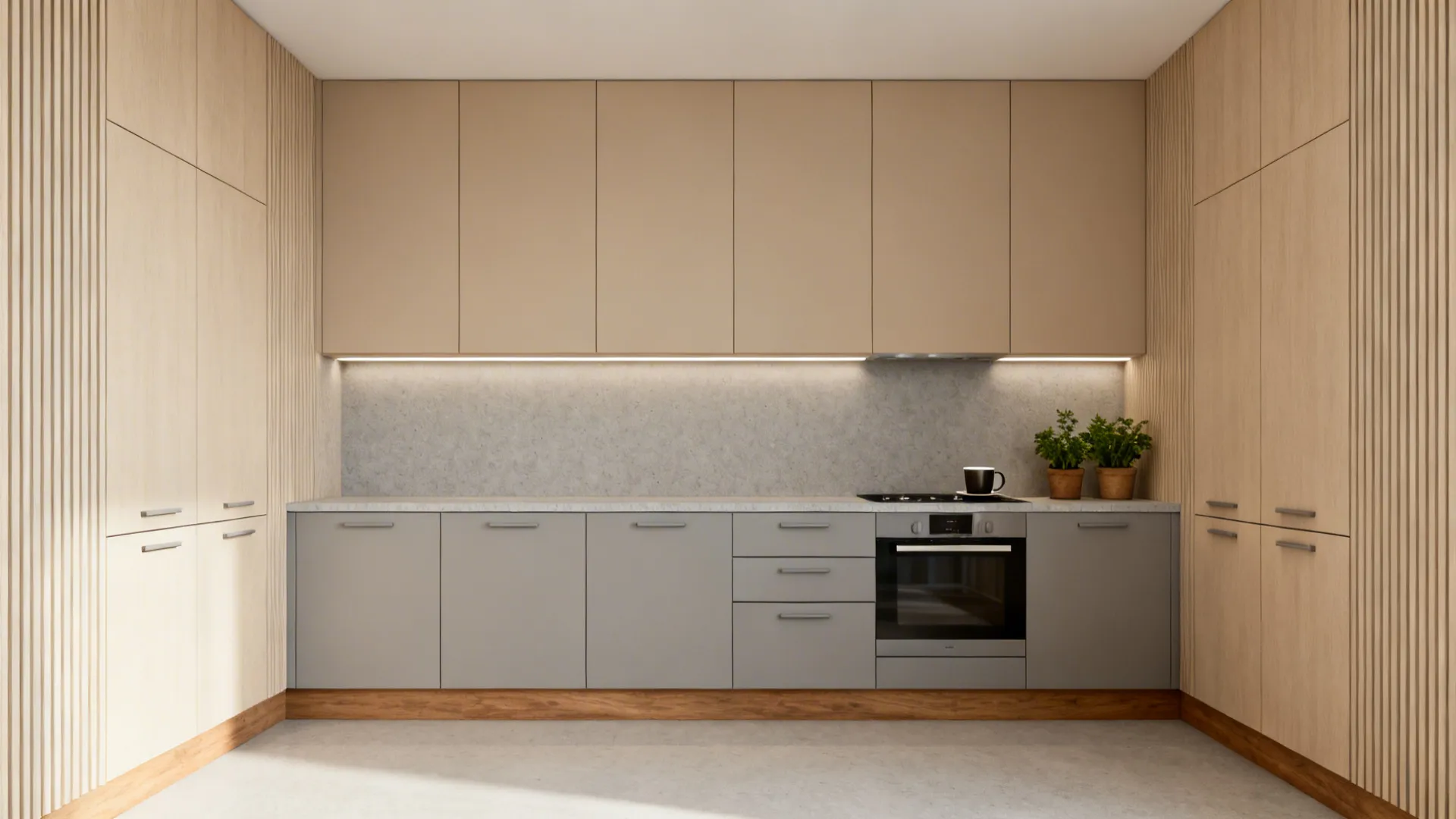 Parallel kitchen with full-height handle-less cabinets opposite shallow uppers for a calm look.