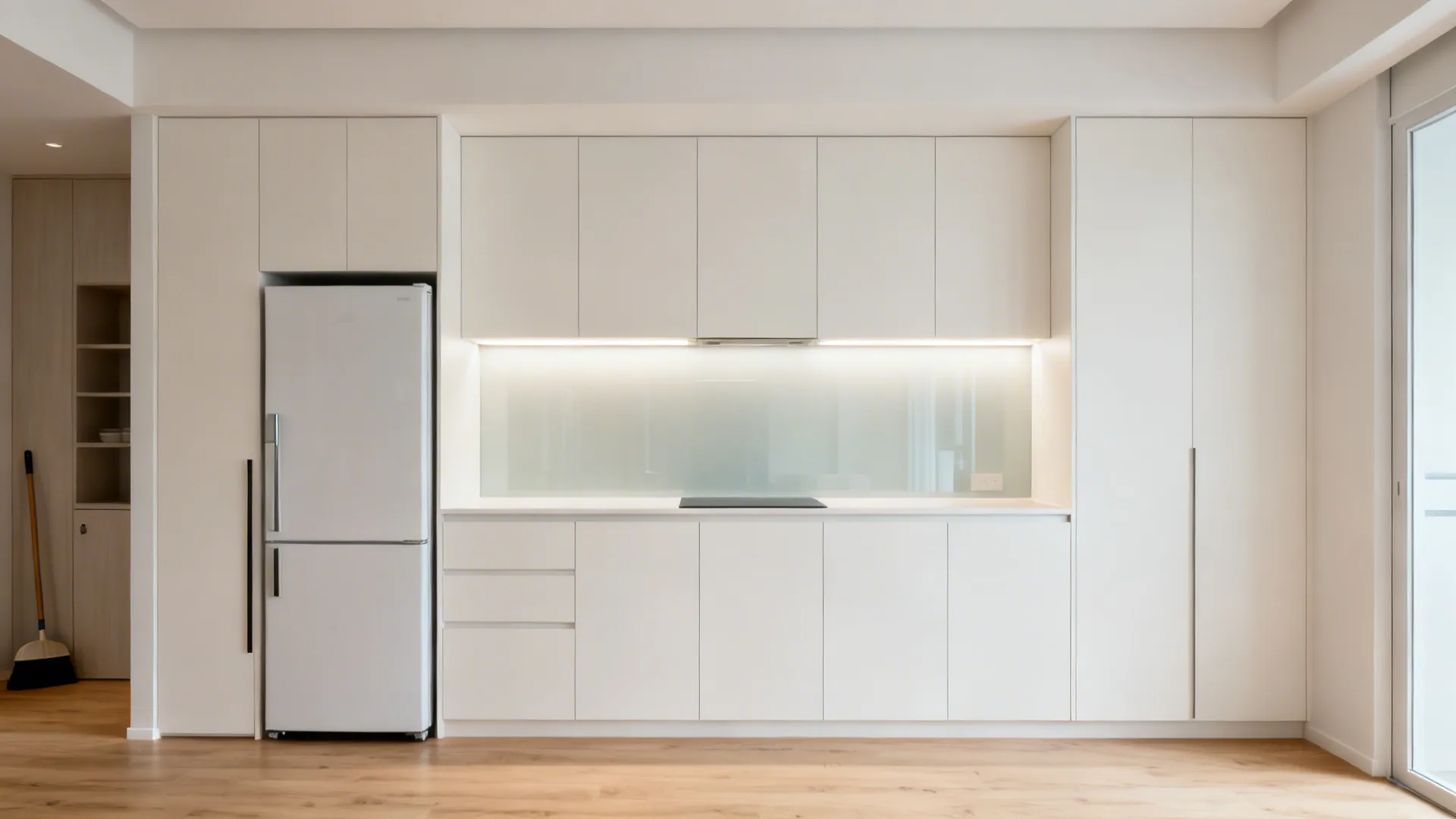 Full-height handleless cabinets in a compact HDB kitchen creating a seamless, minimalist wall.