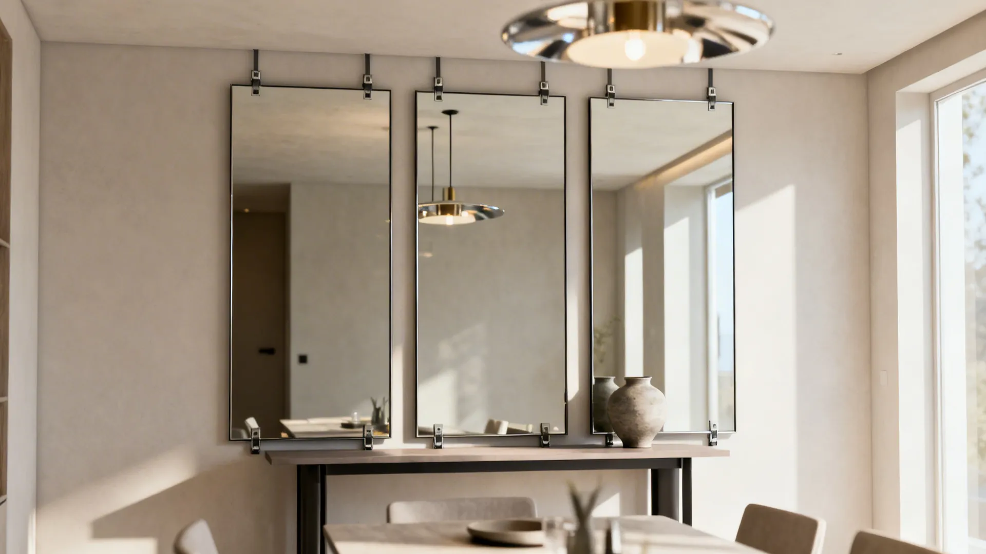 Three vertical wall mirrors hanging above a wooden console table in a bright modern dining room