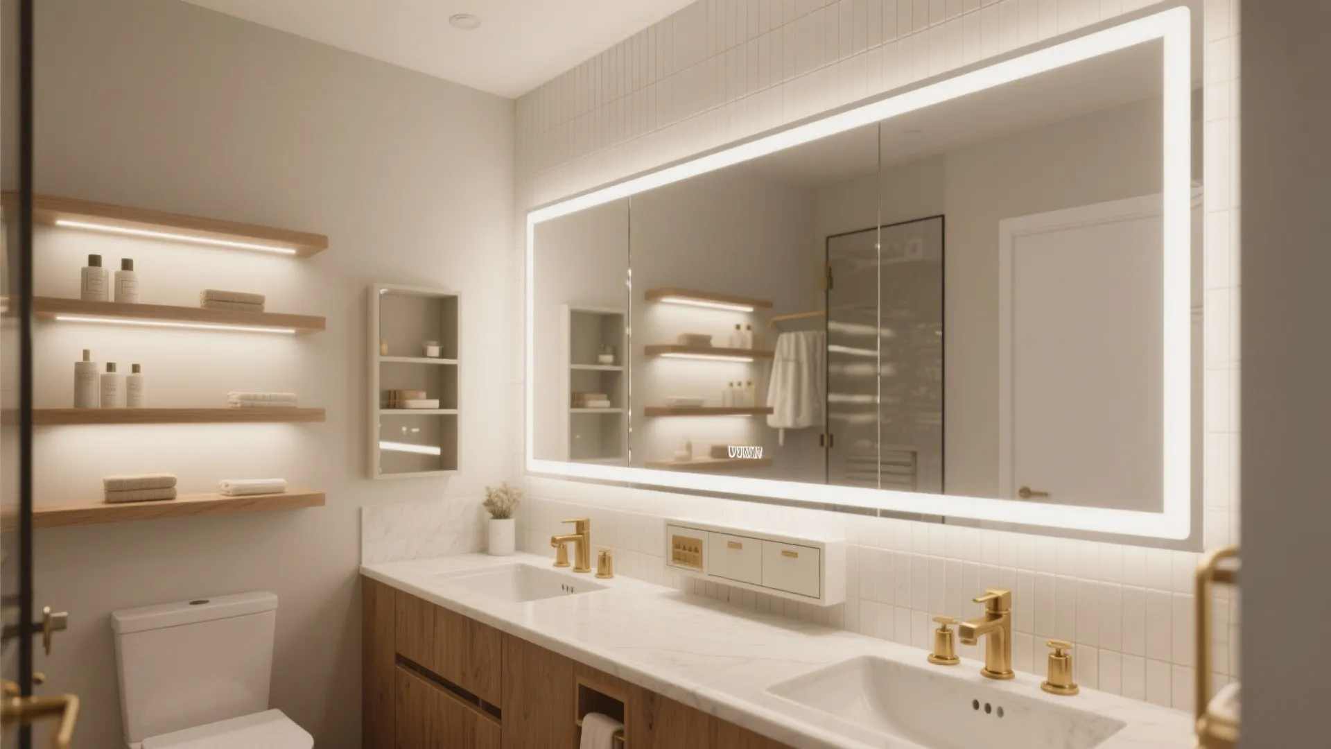 3) Full-height mirrored backsplash behind the vanity