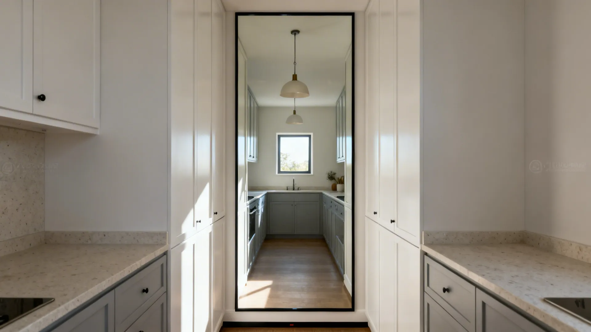Full-height framed mirror opposite kitchen cabinets doubling the galley’s visual width.