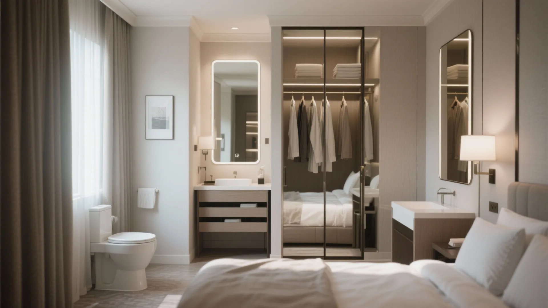 Modern bedroom with glass door closet and sink area showing reflected bed and white toilet bowl