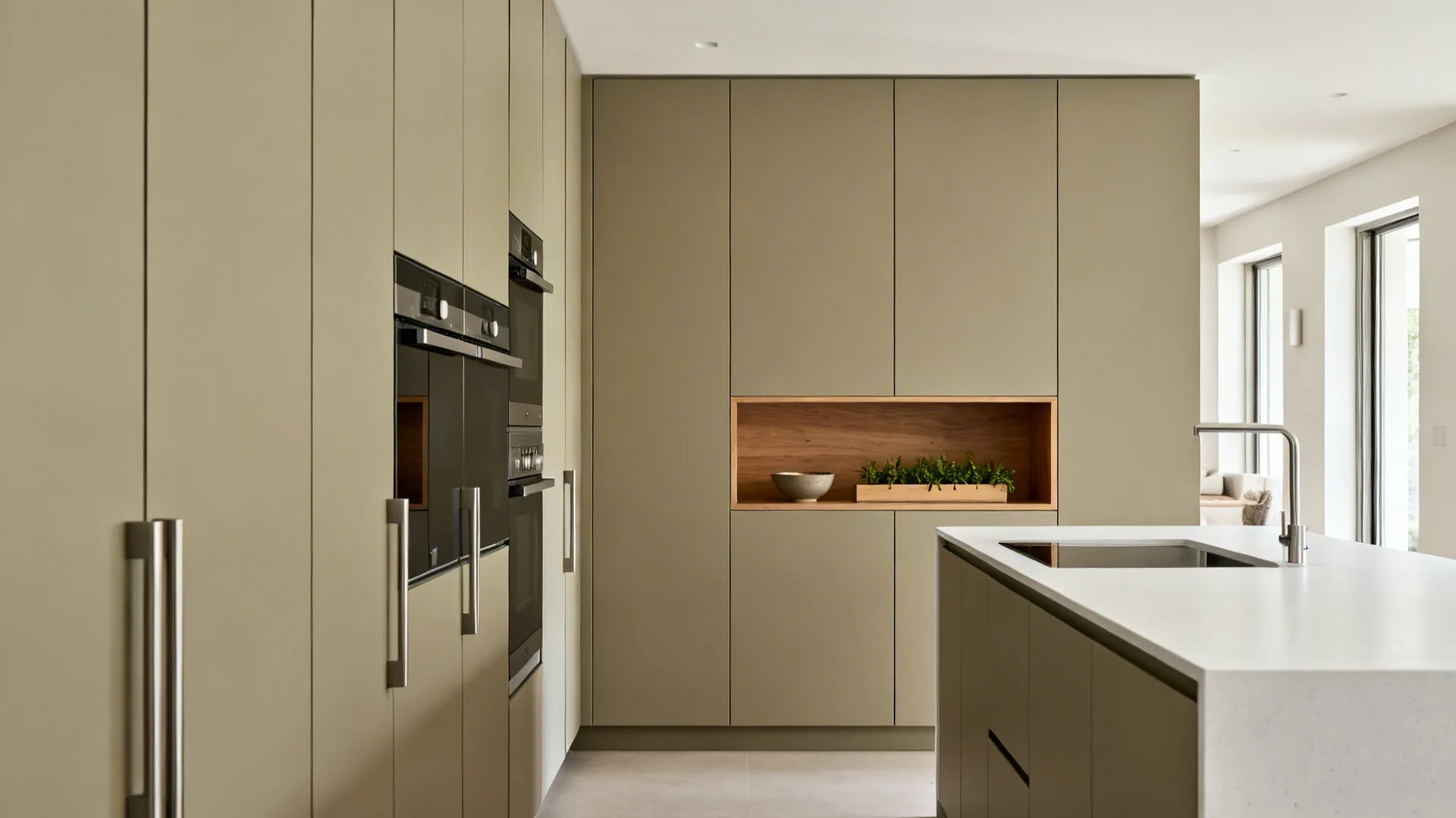 Staggered full-height kitchen cabinets with an eye-level open niche creating vertical rhythm in a narrow galley.