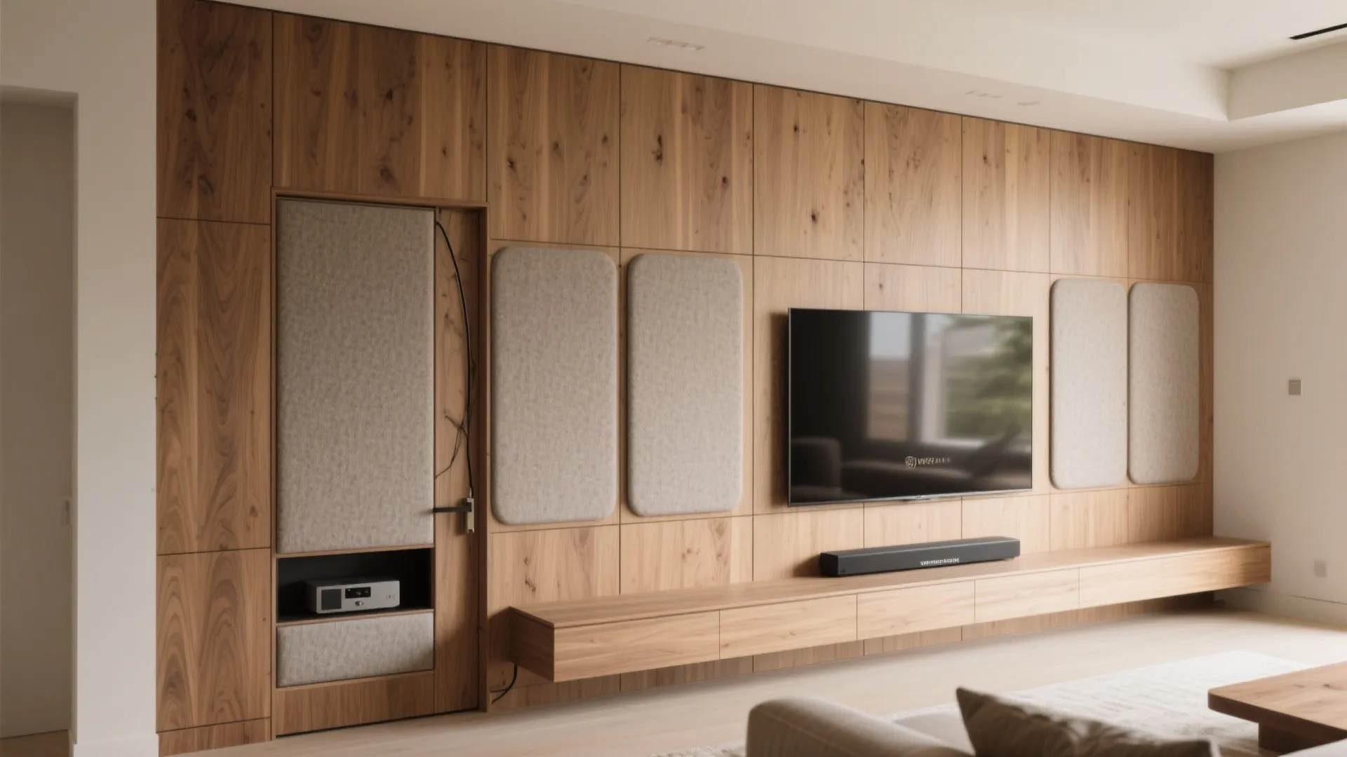 Large wooden wall panel unit with built in television floating cabinet and soft grey cushions