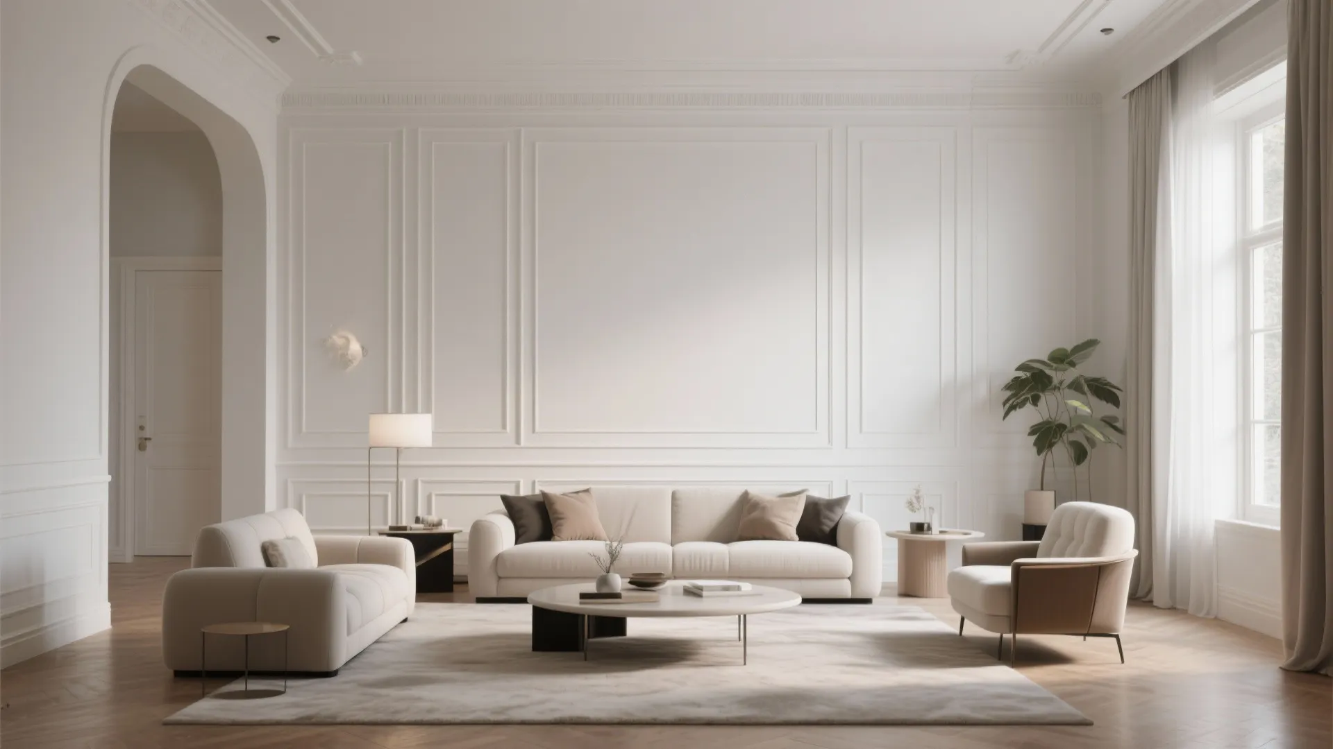 Elegant white living room with full height wall panel design large window and beige sofa set