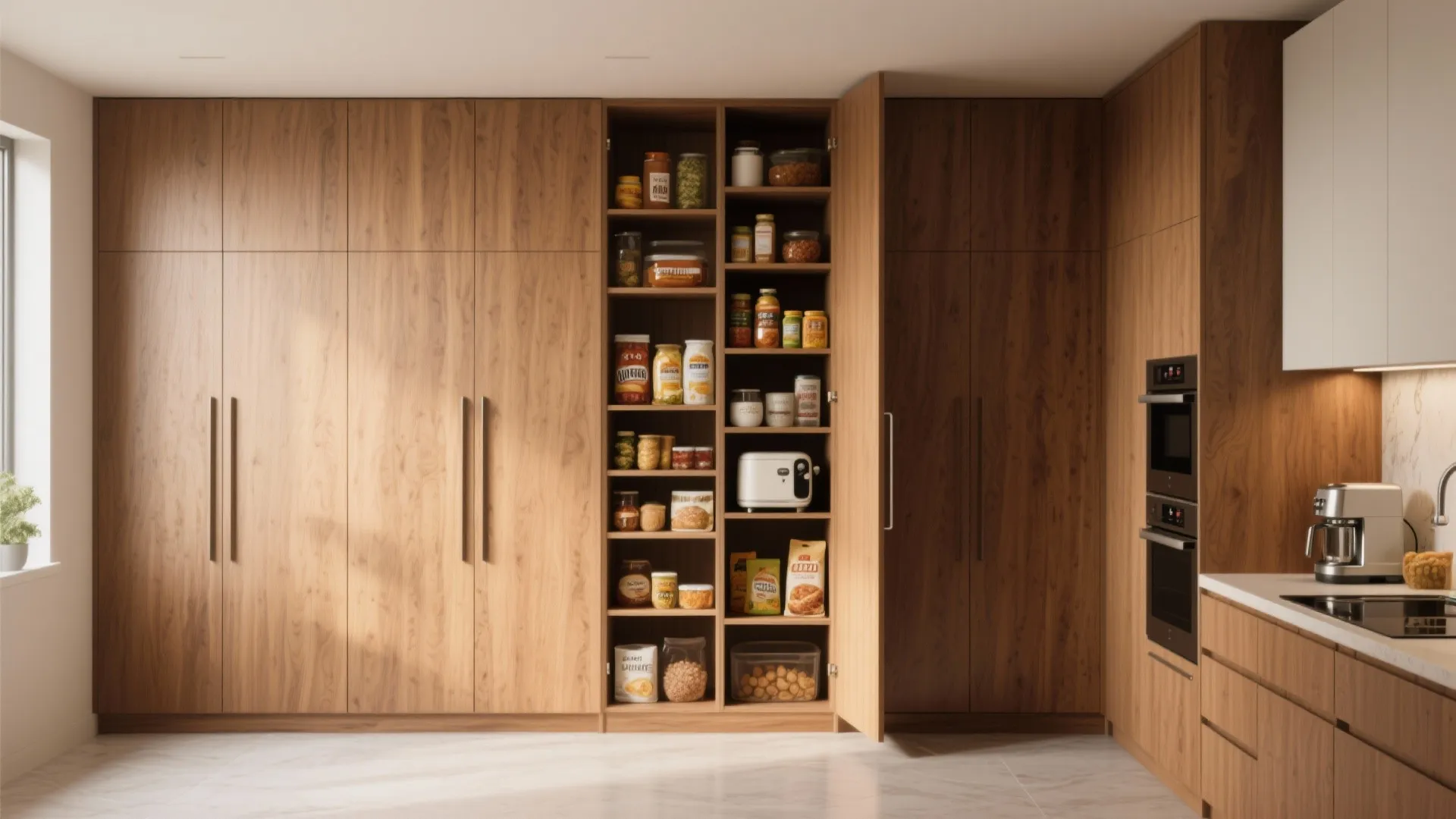 Wood kitchen cabinet with open door showing shelves filled with food jars and white toaster